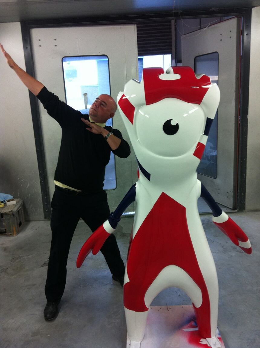 Finished red and white mascot figure